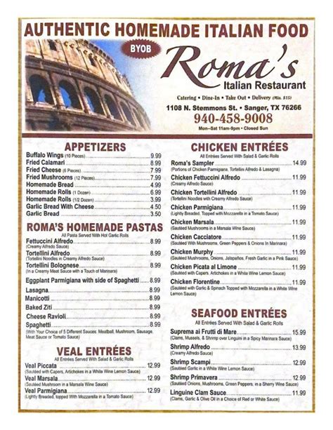 roma&diana|roma's restaurant menu.